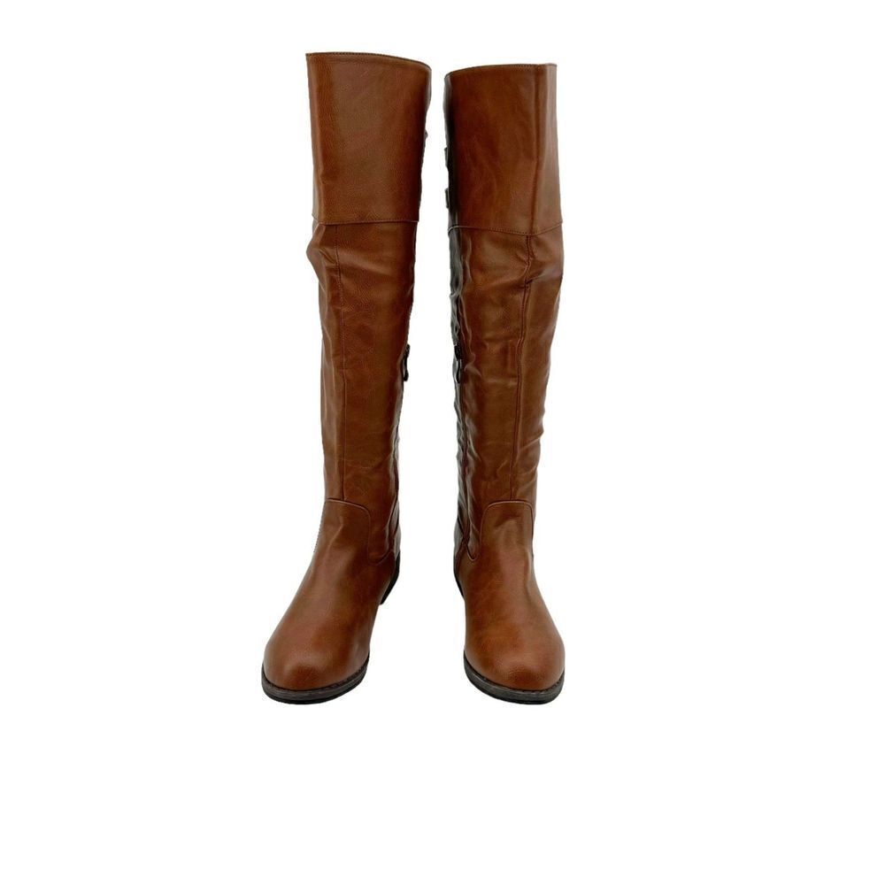 BRINLEY CO.Wide-Calf Knee-High Double-Buckle Riding Faux Leather Boots Size 8 - Picture 5 of 12